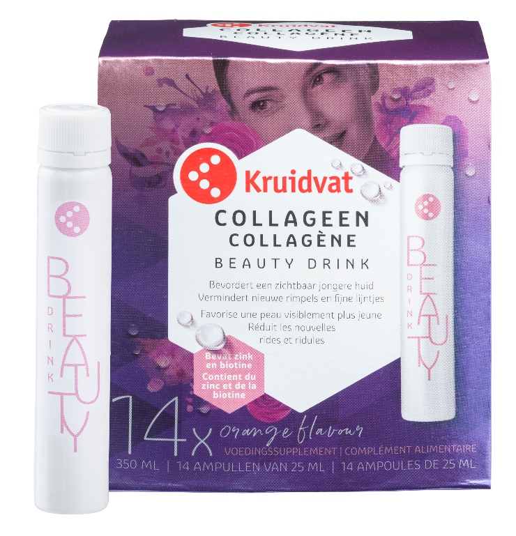 De wereld van vitaminen blijft groeien en daarmee ook de toepassingsvormen zoals de trend beauty van binnenuit. Kruidvat introduceert daarom twee innovatieve en toegankelijke supplementen: Kruidvat Collageen Beauty Drink en Kruidvat Hyaluron Beauty Drink. Betaalbare en vloeibare supplementen voor elke dag die bijdragen aan een zichtbaar en voelbaar jongere huid.